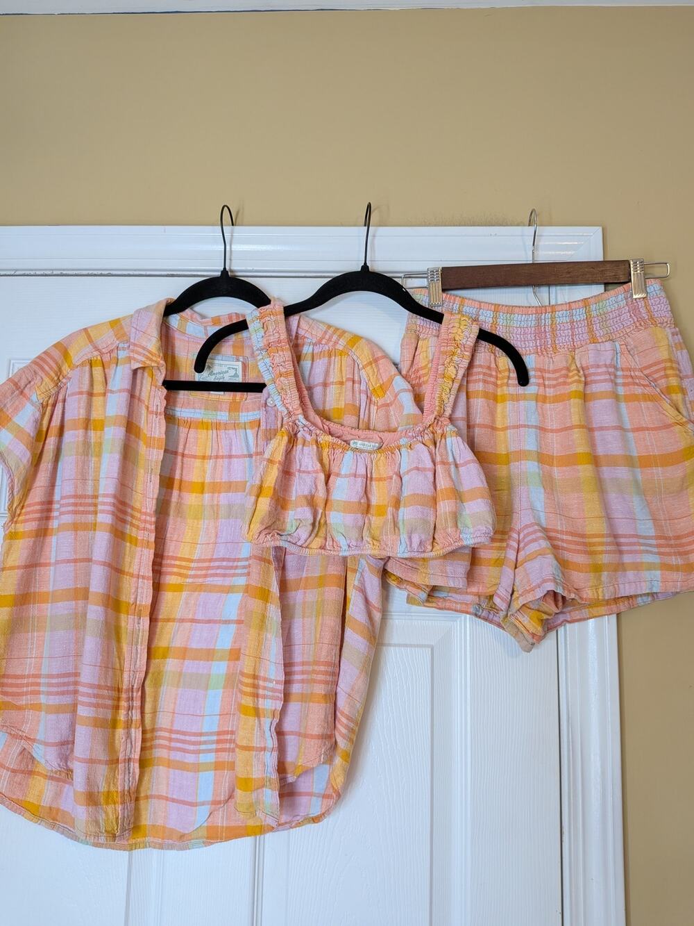 Vintage American Eagle Outfitters 3 Piece Plaid Linen Blend Set Resortwear